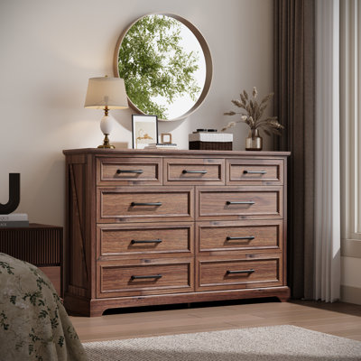 Commode 9 tiroirs Farmhouse, 36 po de hauteur avec tiroirs en bois rustique