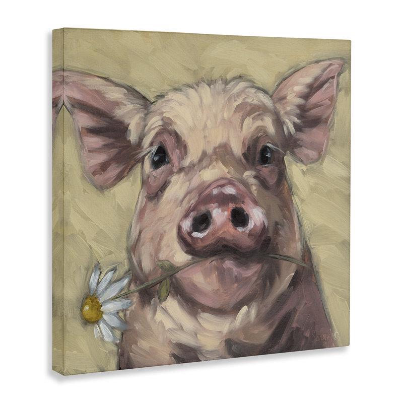 Cochon tenant une marguerite sur toile, design par Sara G. Designs, H 17 po x l 17 po