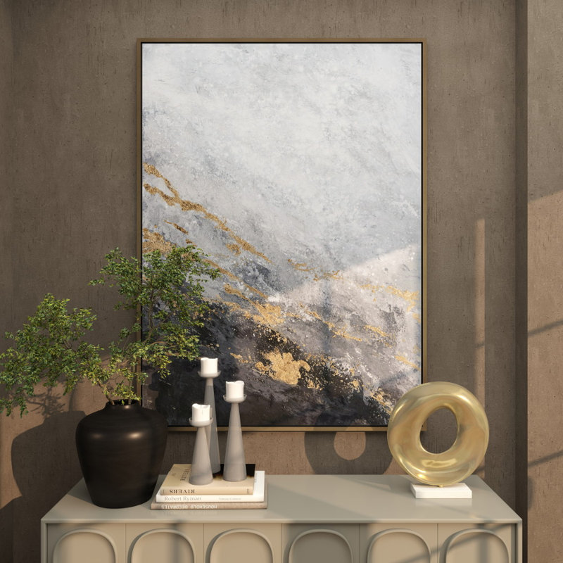 Rectangle d'angle abstrait, art mural - peinture sur toile encadrée, Gris foncé / or, H 65 po x l 47,5 po