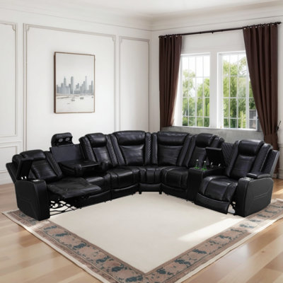 3-Piece Vegan Leather Home Theater Power Reclining Living Room Sectional Sofa Set With Wireless Chargers And LED Lights by Orren Ellis