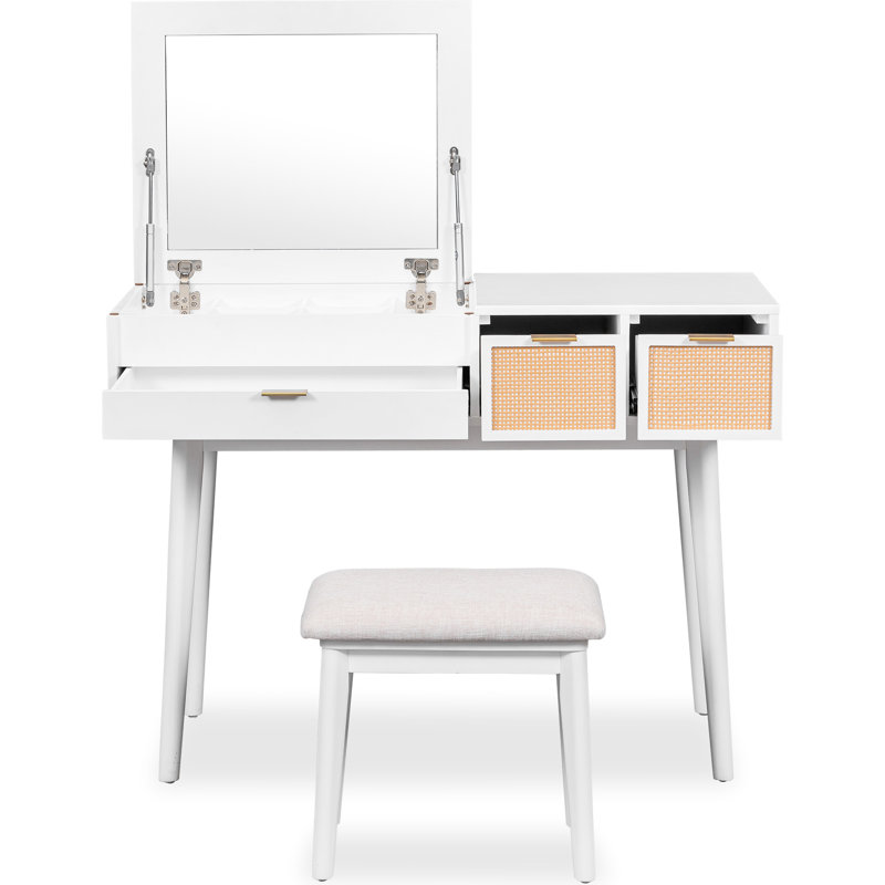 Meuble-lavabo classique en bois avec tabouret, miroir blanc rabattable de 43,3 po et trois tiroirs pour un magnifique miroir blanc, un espace de beauté organisé