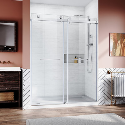 Frameless Sliding Shower Glass Door 76 In. H,3/8"(10Mm) Thick Clear Tempered Glass,Heavy Duty Stainless Steel Hardwares,Brushed Nick