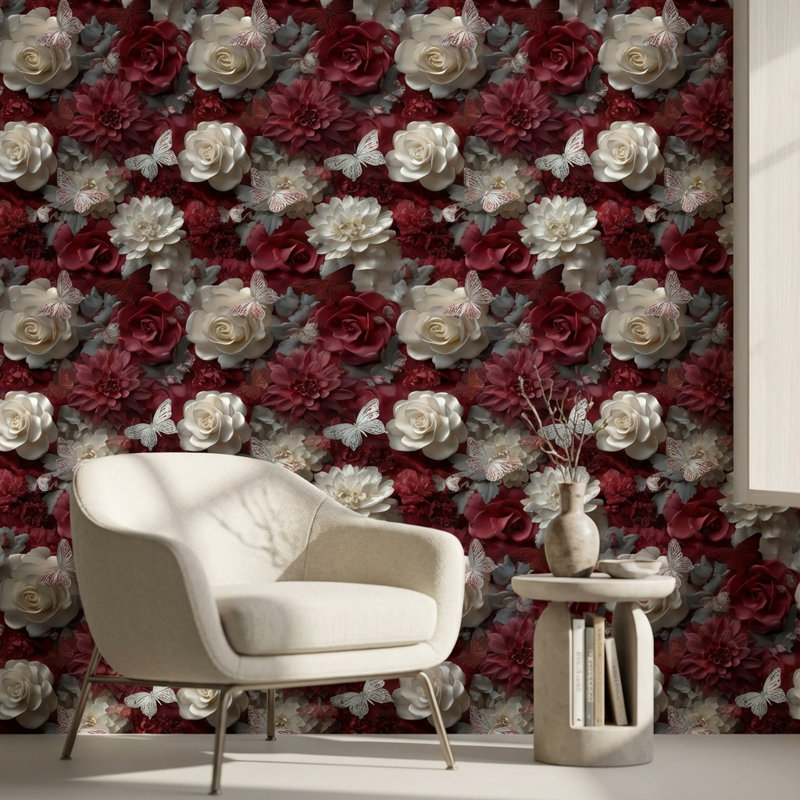 Papier peint floral avec papillons et décoration murale moderne
