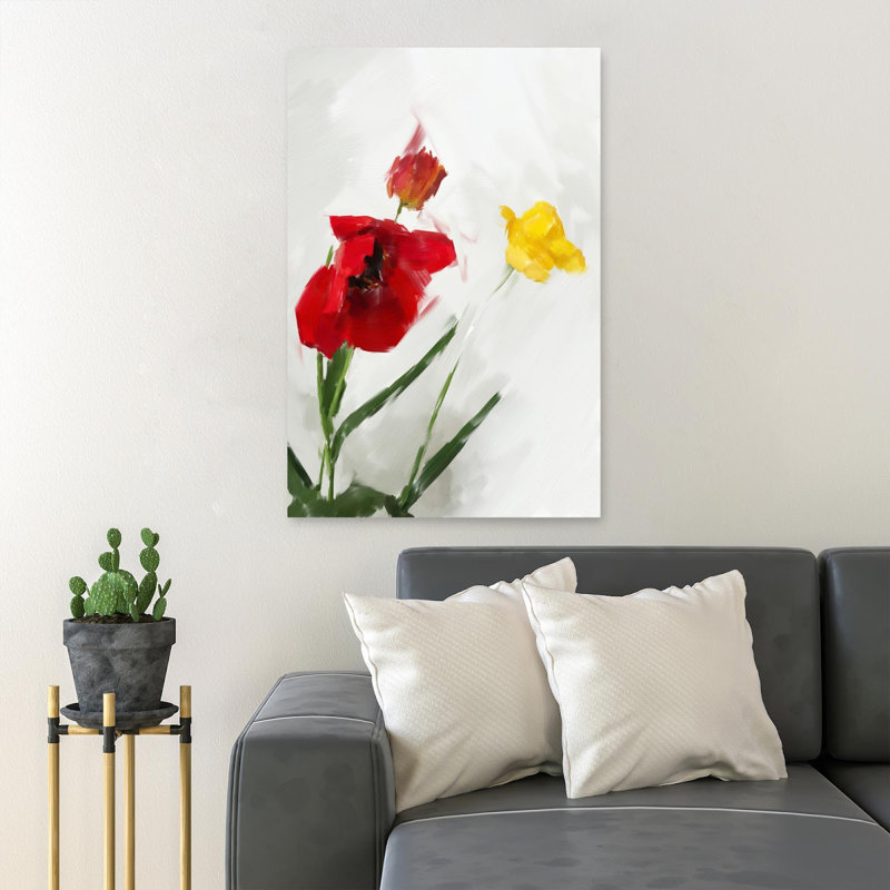 Tulipes jaunes et rouges sur fond blanc - 1 pièce, reproduction d'art graphique sur toile tendue, H 20 po x l 16 po
