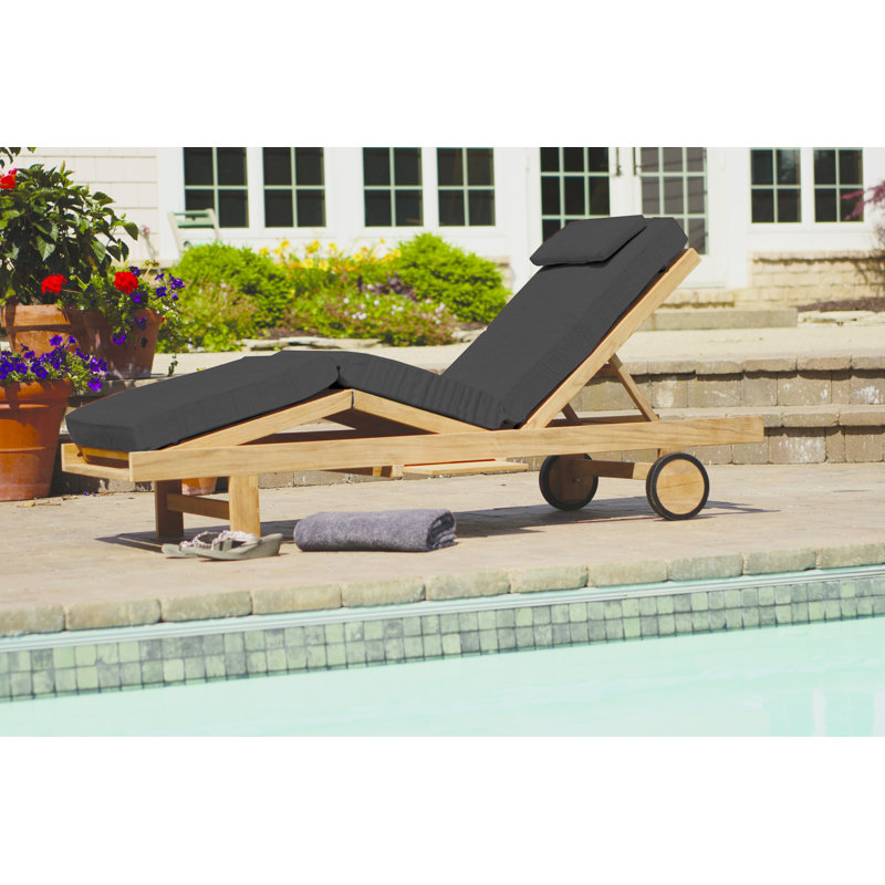 Quincy Teak Outdoor Reclining Chaise Lounge with Sunbrella Cushion and Tray, Cast Charcoal