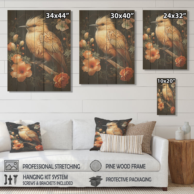 Fleurs printanières d'oiseaux - Oiseau sur bois, H 32 po x l 24 po
