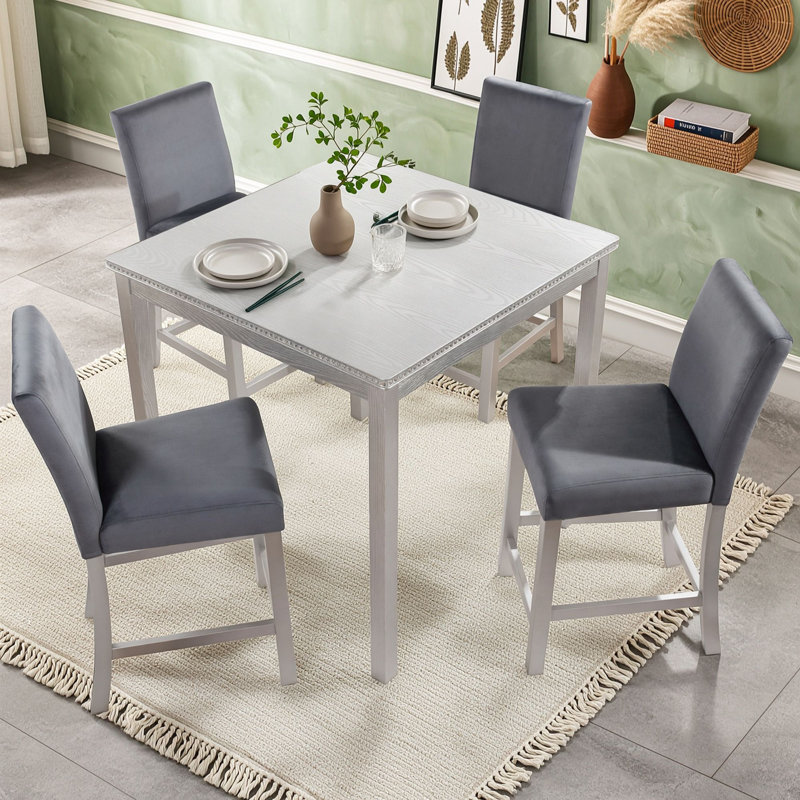 Ensemble de salle à manger carré de 5 pièces avec des chaises rembourrées, Gris argenté