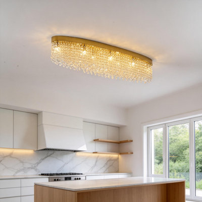 Luxury Oval Gold Crystal Flush Mount Ceiling Light, Hammered Gold K9 Crystal Chandelier For Kitchen, Dining Room, And Living Room