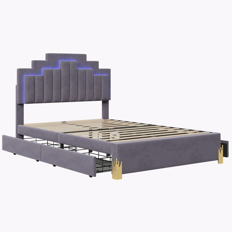 Lit plateforme tapissier Issah, Double, Gris