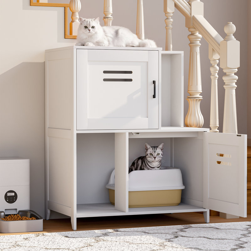 Wooden Cat Litter Box Enclosure Furniture, Double‑Tier Hidden Cat Litter Cabinet with Sisal Hanging Ball, White