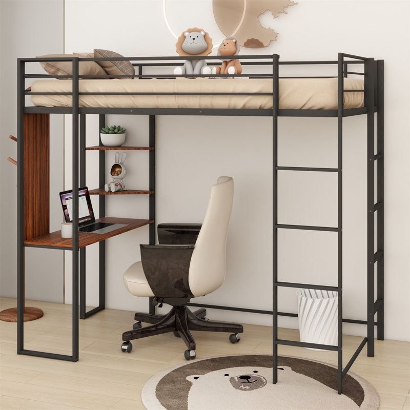 Lit mezzanine en métal avec 2 tablettes et un bureau, Full, Noir