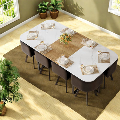 Spacious Square Dining Table Sets, Marble Mdf Finish, Modern Style For Family Dining