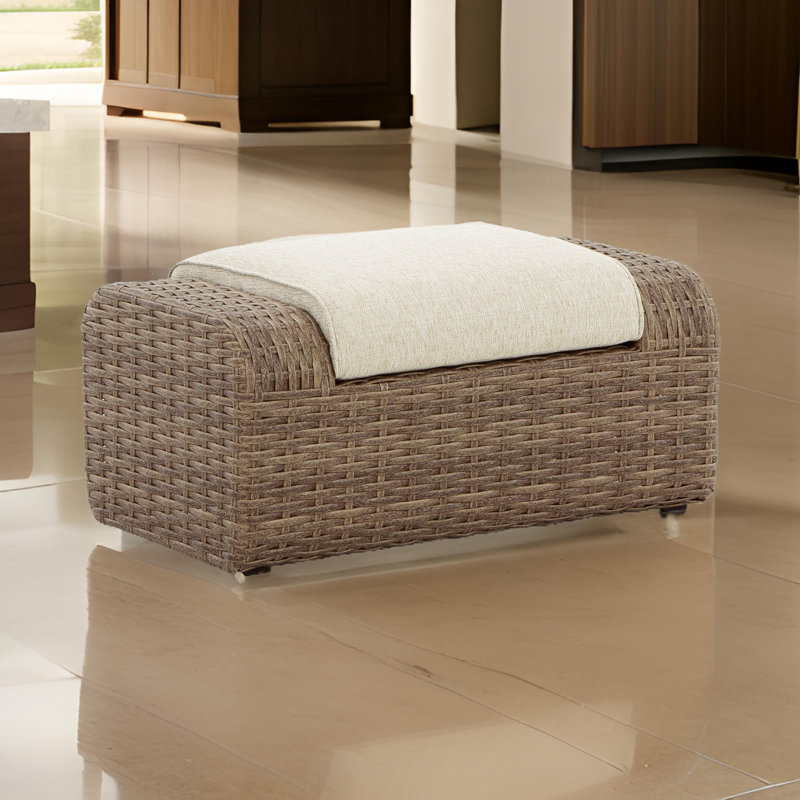 Beige Resin Wicker Outdoor Ottoman with Cushion