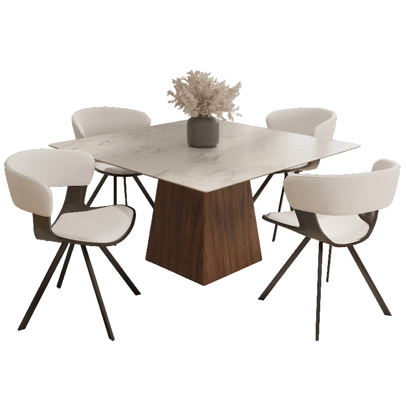 5-Piece Dining Set With Square Dining Table White Sintered Stone Top And 4 Upholstered Dining Chairs, White/Dark Walnut