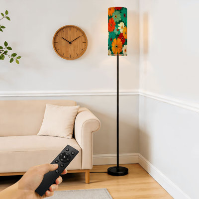 Floor Lamp  Retro Floral Bold Daisy Flowers Teal Orange Red Mustard Cream Dimmable Modern Standing Lamp with Remote Control Footswitch Bulb Lampshade Tall Pole Corner Lamp for Living Room Bedroom Office