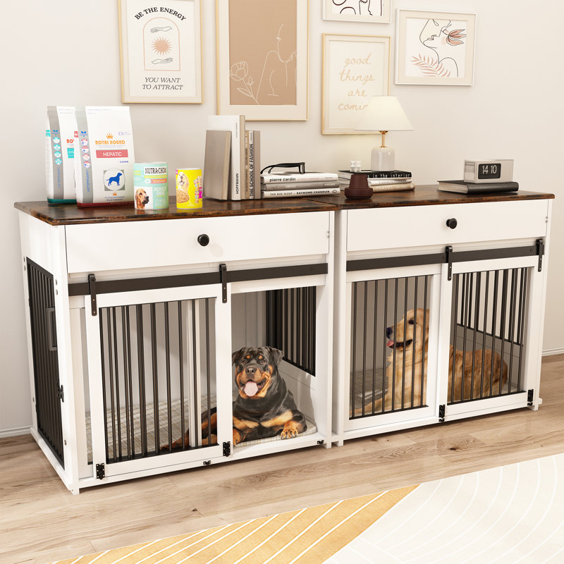 Large Dog Crate Furniture with Drawer Storage, Sliding Doors, Rotating Bowls, White