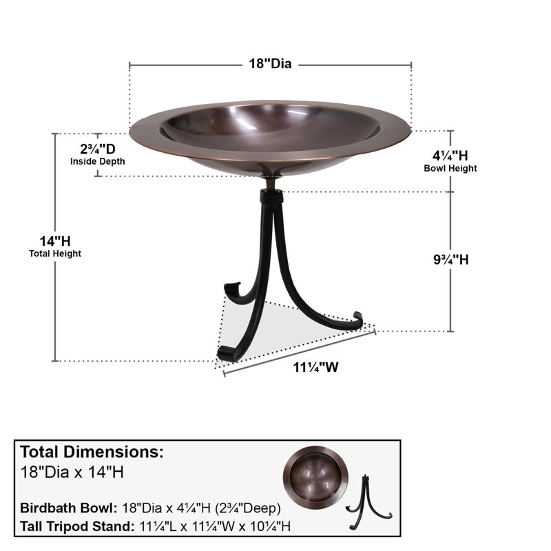 18" Antique Copper Birdbath with Black Wrought Iron Stand