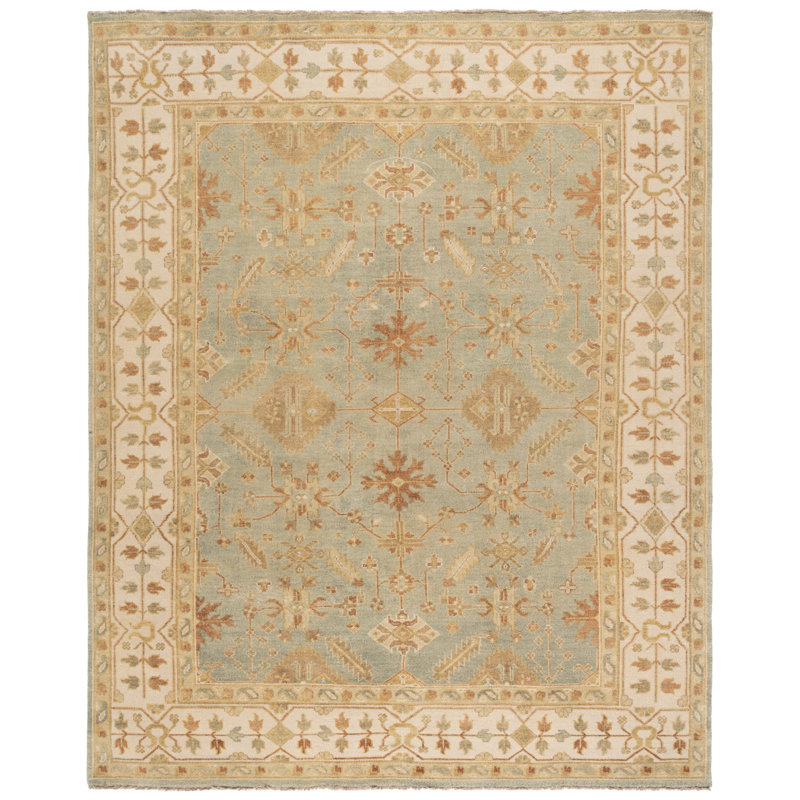 Oushak Oriental Hand-Knotted Wool Soft Green/Ivory Area Rug, Rectangle 8' x 10'