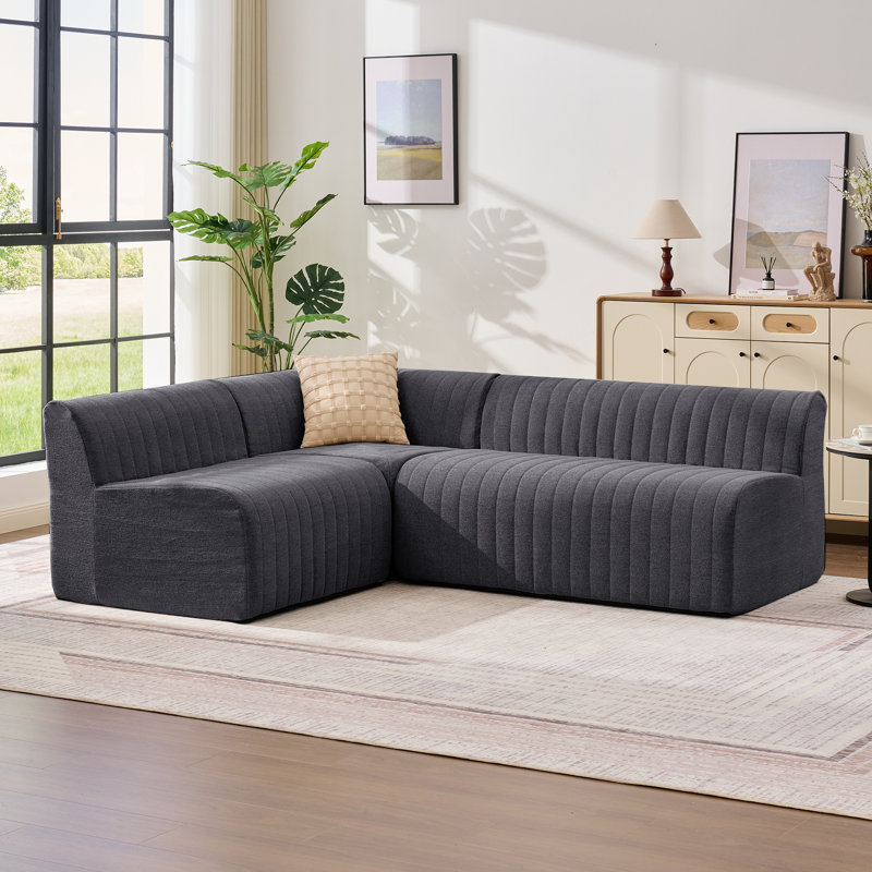 88" Wide Modular Upholstered L-Sectional Modern Chenille Channel Tufted Sofa Set, Gray Chenille