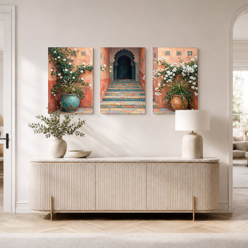 Ensemble de 3 toiles en terre cuite avec un escalier en jasmin blanc et carrelage, 36"H x 24"W x 3pcs
