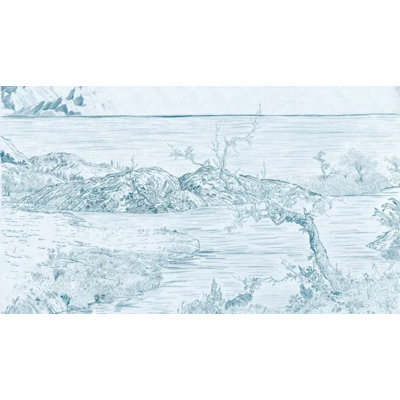 Blue Toile Scenic Lake Landscape Wallpaper Mural