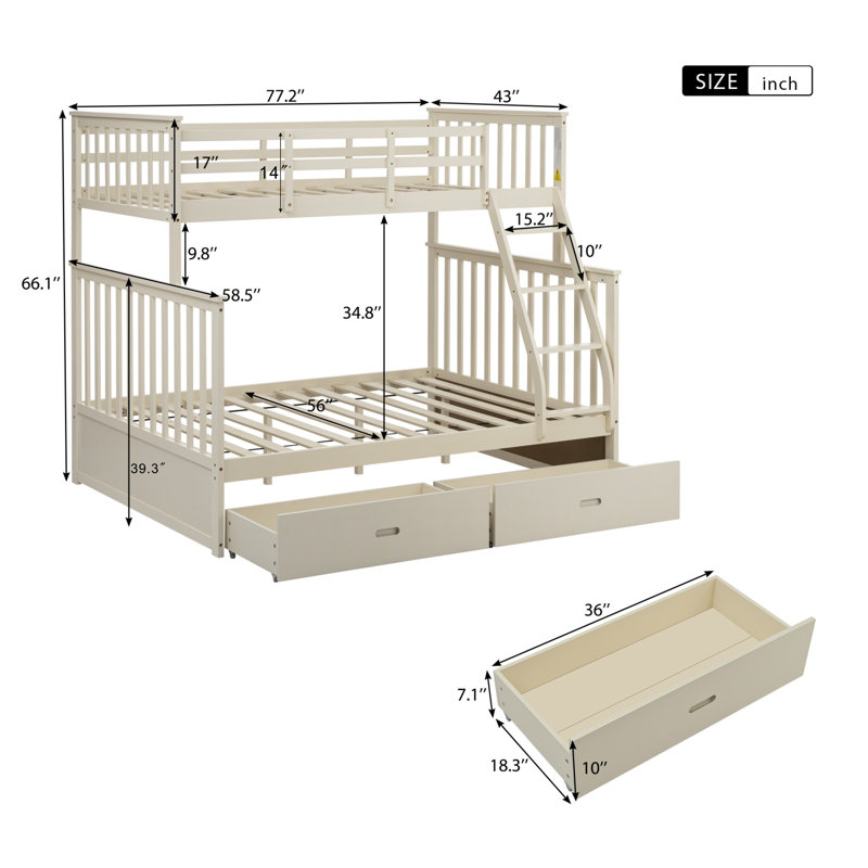 Hallei Twin Over Full Wooden Bunk Bed with Two under Drawers, Cream
