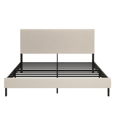 Beige King - Sized Bed Frame With Bandaged Headboard Iron Structure, Comfortable Sleep Surface, Clear Assembly Guide Size Construction, Stable And Noiseless, Modern Design, Easy To Assemble, 800