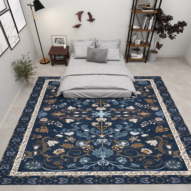 Living Room Rug 8x10 ft Dark Blue Area Rug Machine Washable Rug, Non Slip Vintage Rug Stain Resistant Indoor Large Carpet for Bedroom, Distressed Retro Floor Rug for Classroom, Dorm, Dining Room