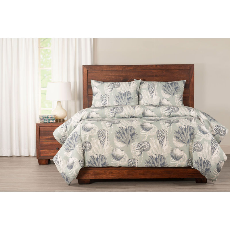 Ocean Blue Seashell Print Duvet Cover Set, Queen Duvet Cover + 2 Queen Shams