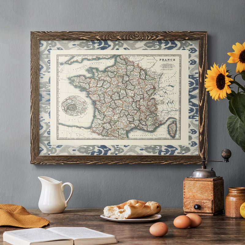 Border Map of France - Reproduction d'un seul cadre photo sur toile, Cadre noyer, H 14 po x l 20 po x P 1,5 po