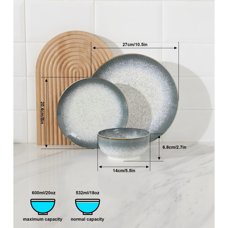 Ensemble d'assiettes et de bols en porcelaine pour la cuisine, résistant aux ébréchures et aux égratignures, ensemble de vaisselle facile à nettoyer, pile de vaisselle compacte, 24 pièces, ensembles pour 8 (bleu)