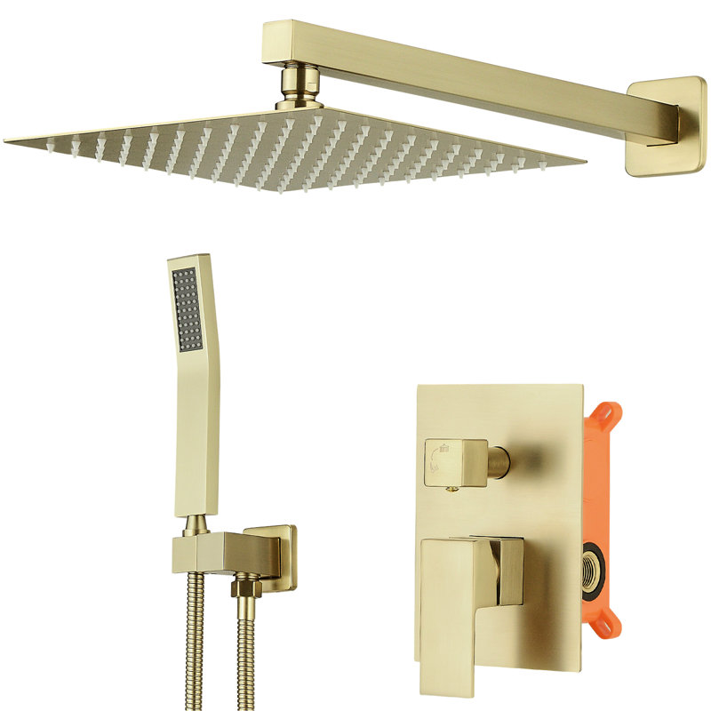 Douche de salle de bain brossée or classique, pluie murale de 10 pouces avec douchette rétractable, poignée, valve à cartouche, robinets à 3 trous de luxe à poignée manuelle
