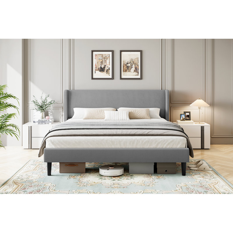 Structure de lit avec tête de lit, lit plateforme tapissier moderne en tissu de lin, sommier, Gris clair, Grand