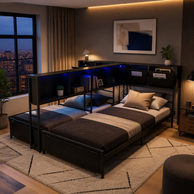 Bed Frame with Storage Bookcase Divider and LED Lights,Double Twin Bed with 2 Large Drawers and Headboard Storage, Metal Platform Bed for Shared Bedroom