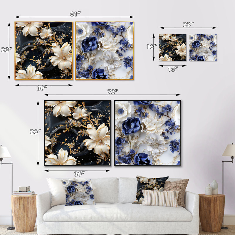 Motif de marbre victorien Opulence - ensemble de collage abstrait botanique carré de 2, H 36 po x l 73 po, Toile tendue