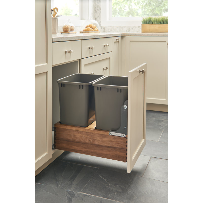 Double Silver 50 Qt. Walnut Bottom Mount Pullout Waste Container w/ (1) Lid and BLUM Soft-Close Slides, 12.5