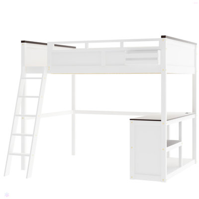 Lit mezzanine avec bureau, tablette ouverte et boîte de rangement
