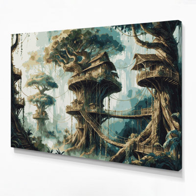 SciFi Jungle canopy tree city Gray Canvas Wall Art