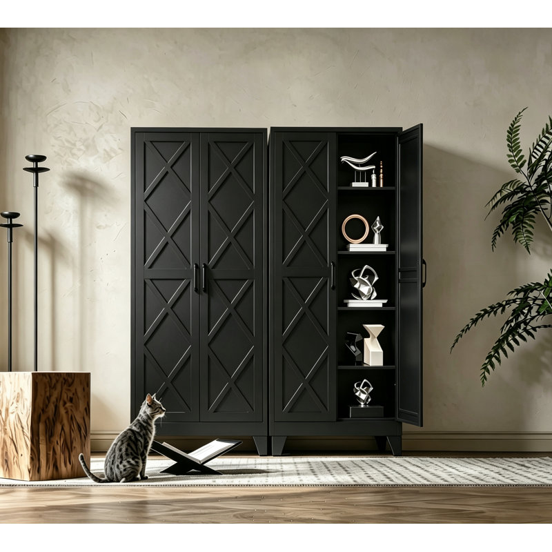 Armoire de rangement en métal de 71 po de hauteur avec 2 portes et 4 tablettes réglables (noire), Noir, LG, Porte en métal