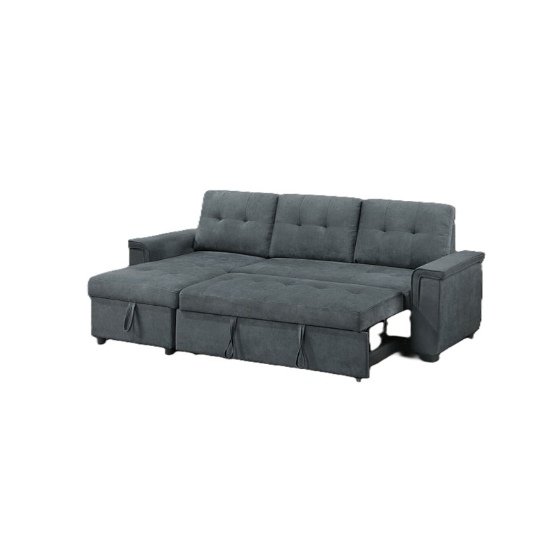 Ensemble de méridienne réversible convertible avec rangement en frêne noir Tweed Like, Noir, velours cendré clair