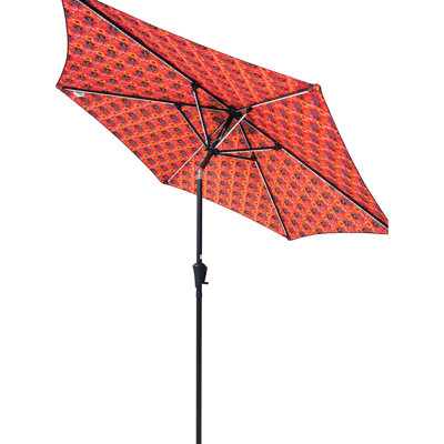 9Ft Orange Pattern Patio Umbrella With Solar Led Stripes, 6 Steel Ribs, Crank Handle, Push Button Tilt, Air Vent, Fabric Outdoor Lighting,