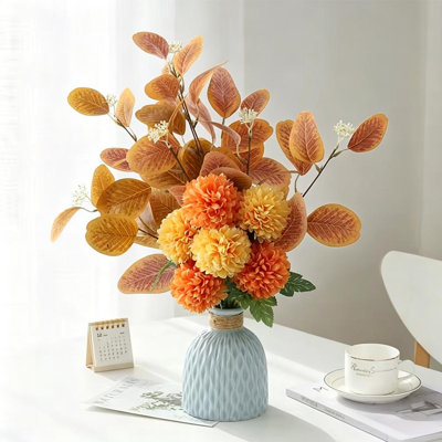 Artificial Chrysanthemum Bouquet with Pink Eucalyptus Leaves, Faux Pom Pom Ball Flower Arrangement for Home Table Centerpiece Wedding Decor