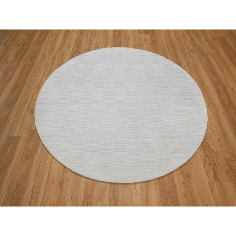 Tapis oriental rond 6 pi x 6 pi blanc tissé à la main, motif moderne Striae texturé, polyester, rond