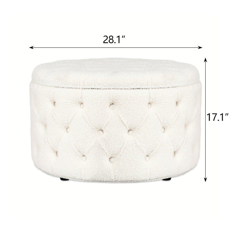 Amram Tufted Round Storage Ottoman, White Teddy Velvet