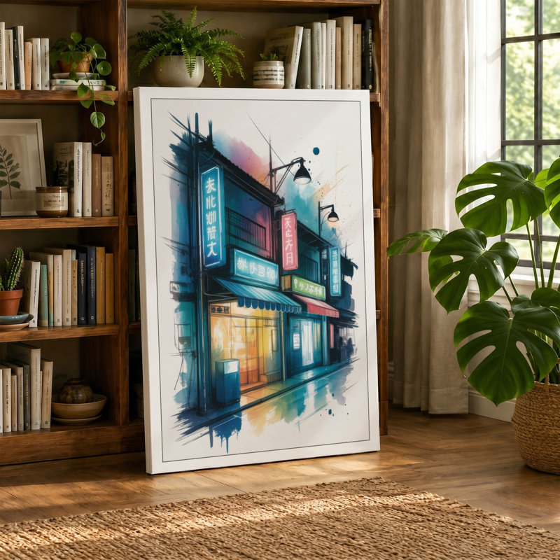 Dusk in Tokyo Japandi - Wrapped Canvas, 30x20 - 76.2 x 50.8 cm, Teal Border