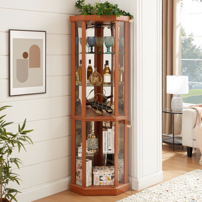 Corner Curio Cabinet With Lighting System, - Toppling Device And Mirrored Back For Antique Collection In Living Room Showcase Lighting, Cherished Belongings Decor