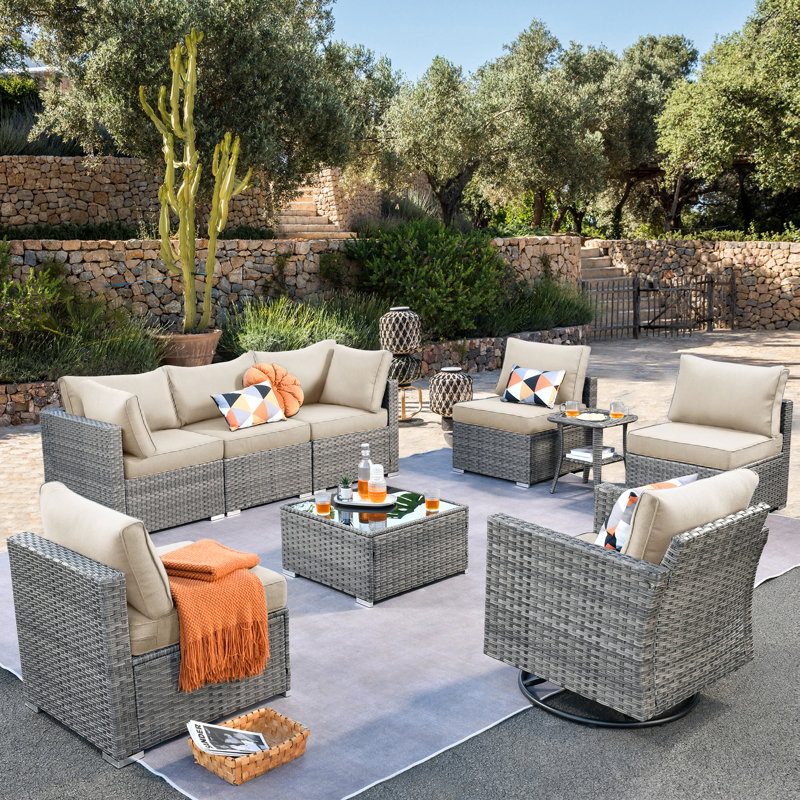 Ensemble de conversation d'extérieur 7 personnes avec coussins Rebbecca, Beige