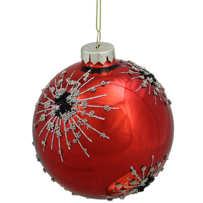 4" Red and Brown Beaded Bursting Snowflake Glass Christmas Ball Ornament