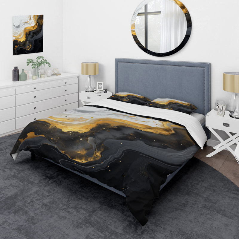 Ensemble de housse de couette en marbre doré et noir Essence III - Abstract Marble, Housse de couette pour très grand lit