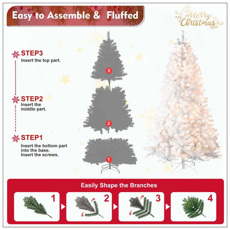 Arbre de Noël blanc pré-éclairé avec fil mémoire - 650 lumières incandescentes chaudes, extrémités de 1930, conception à dépliage automatique, support en métal stable, arbre de Noël artificiel en PVC